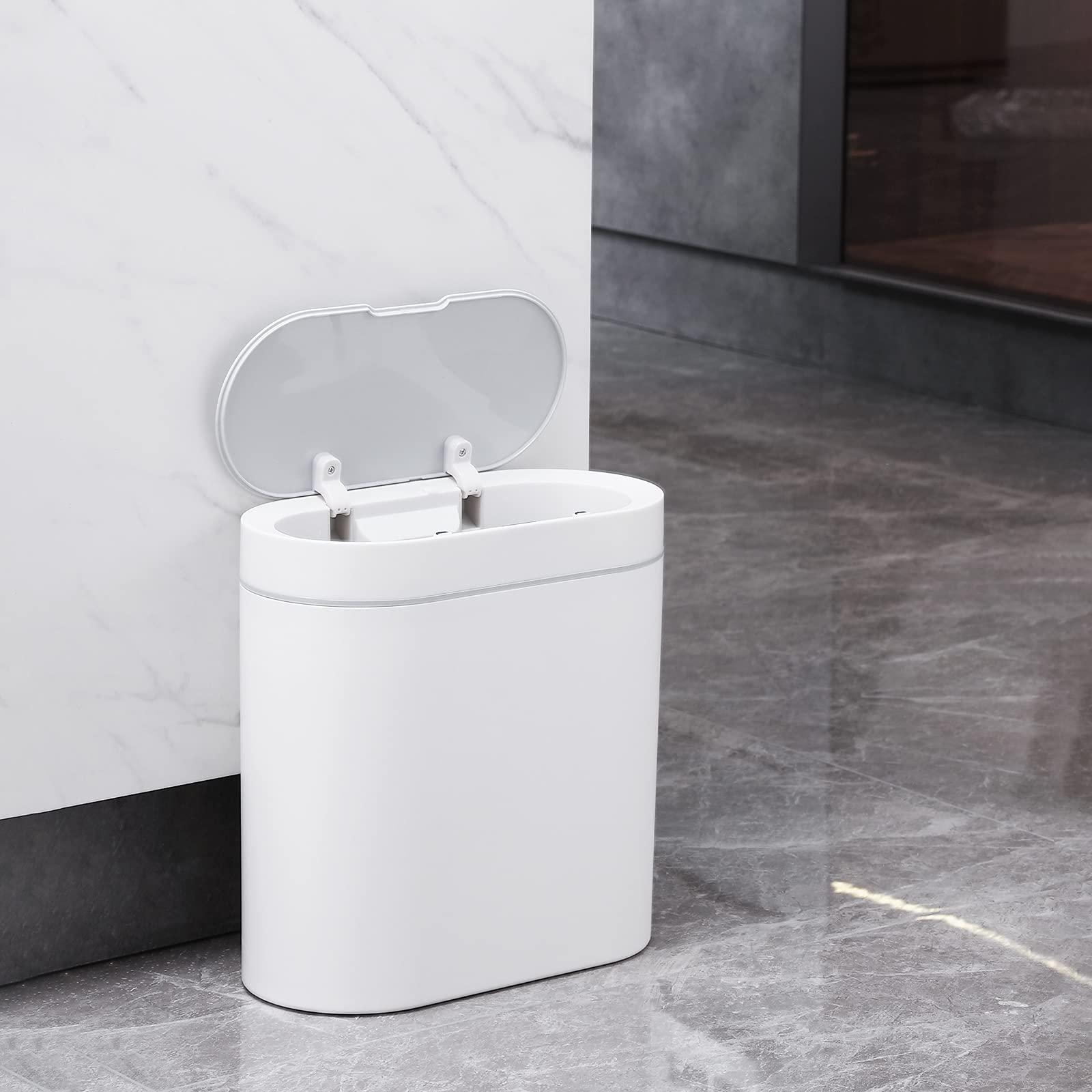 ELPHEcO Bathroom Trash can  25 gallon Waterproof Motion Sensor Small Trash can with Lids  95 Liters Slim Plastic Narrow Automatic Bedroom Trash can Office Trash can  White