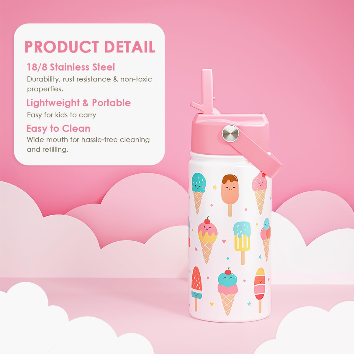 Ice Cream Kids Water Bottle With Straw Lid 12oz Insulated Stainless Steel, Travel Tumbler, Gifts For Girls, Birthday, Christmas,