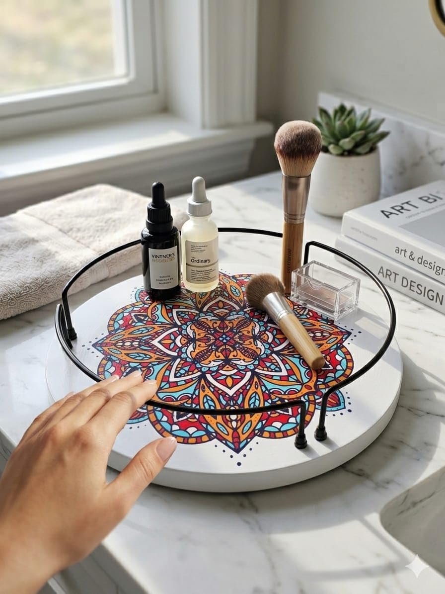 Appeasy Round Decorative Lazy Susan 360 Rotating Tray With Mandala Design And Black Wire RimKitchen Organiser (14 Inch Dia)