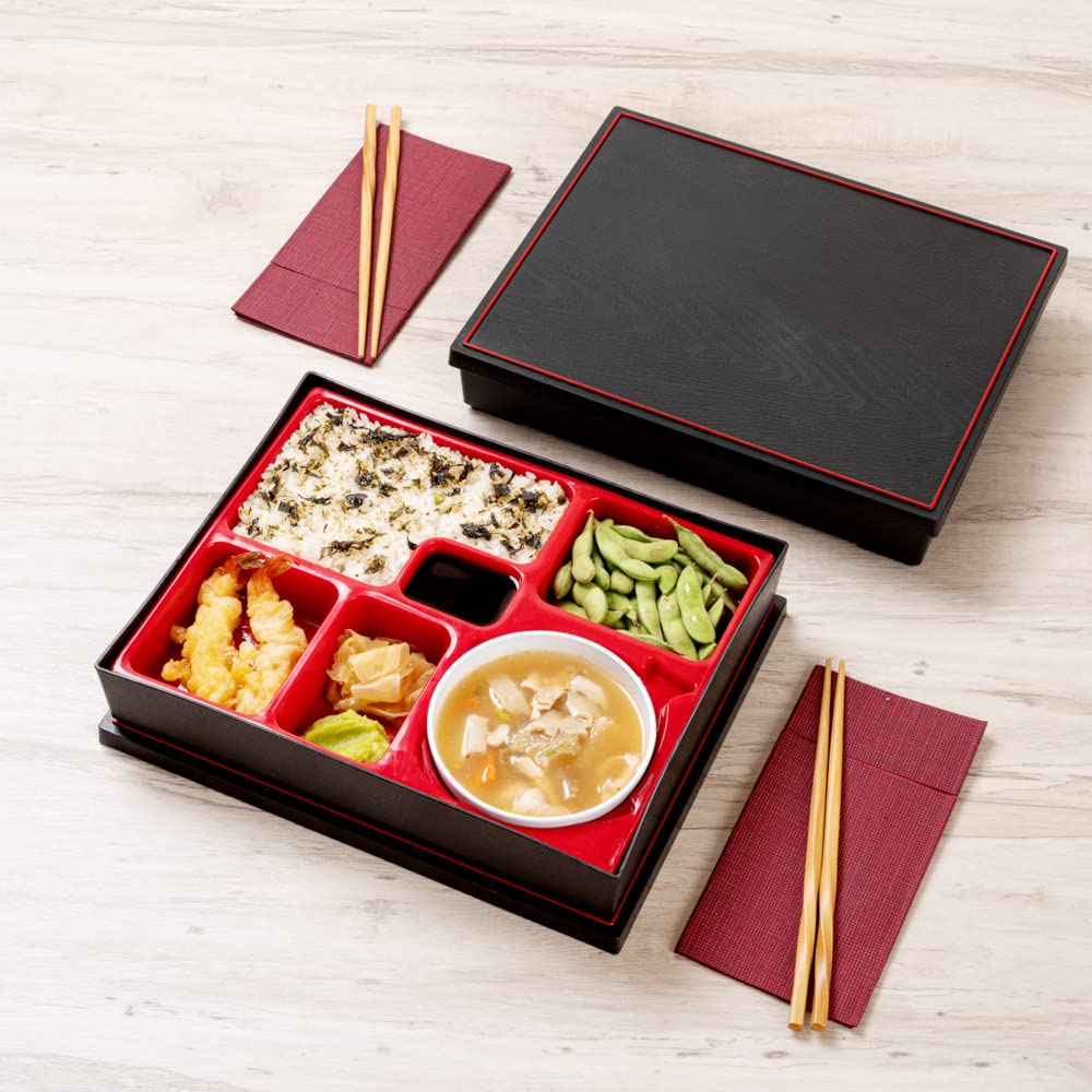 Restaurantware Bento Tek Rectangle Black & Red Large Japanese Style Bento Box - 6 Compartments, With Bowl - 12 1/4'' X 9 3/4'' X