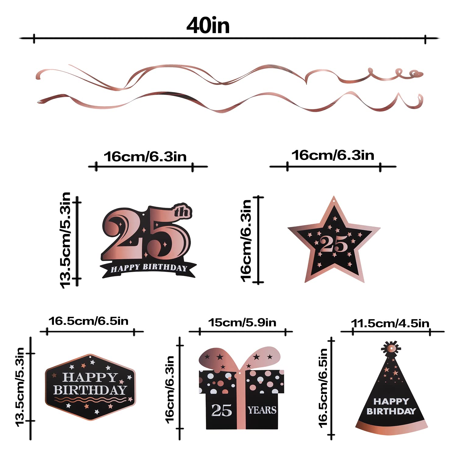 Lingteer Happy 25Th Birthday Decorations,25Th Birthday Black With Rose Swirls Hanging Streamer Kit,Cheers To 25 Years Old Bday F