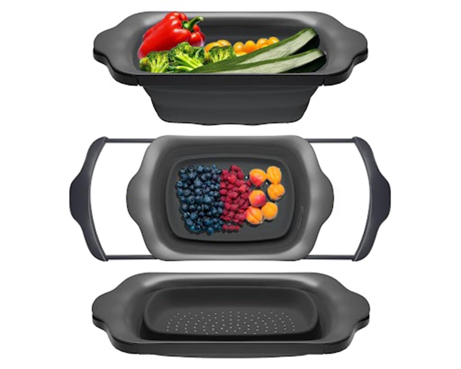 Comfify Over-the-Sink Colander with Handles - Sleek Plastic Black Kitchen Strainer for Pasta, Vegetables & Fruits - Space-Saving