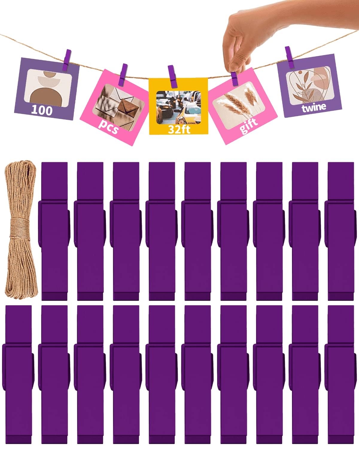 Mini Clothes Pins For Photo, Purple Small Colored Clothespins 100 Pack Wooden Rainbow Colorful Picture Clips With 32 Ft String F