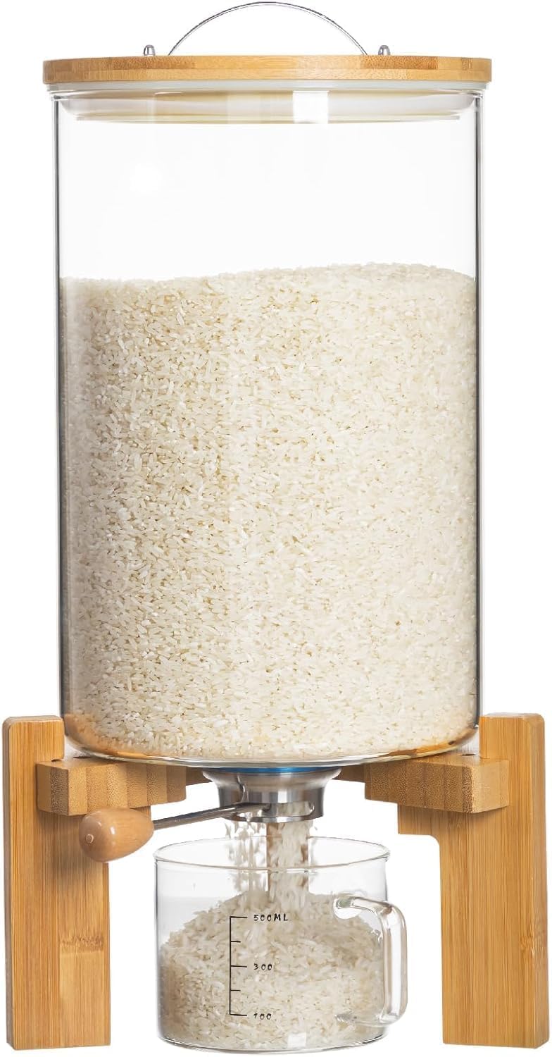 Hblife 20-22 Lbs Glass Rice Dispenser With Wooden Stand Flour And Cereal Container With Glass Measuring Cup Pantry Food Organiza