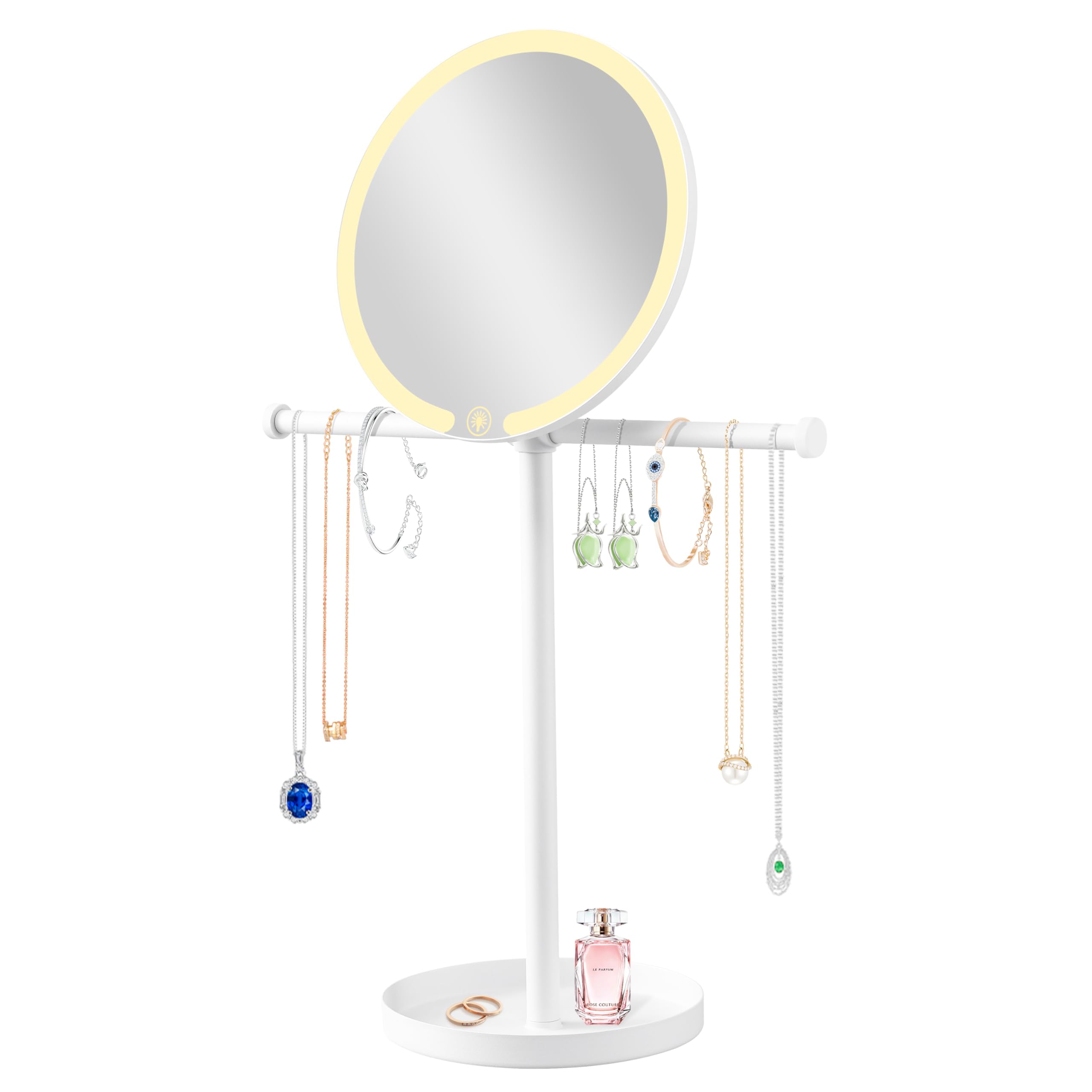 2 In 1Lighted Jewelry Organizer Stand With Makeup Mirror - Led Touch Control Vanity Mirror Necklaces Organizer - 3 Light Modes,