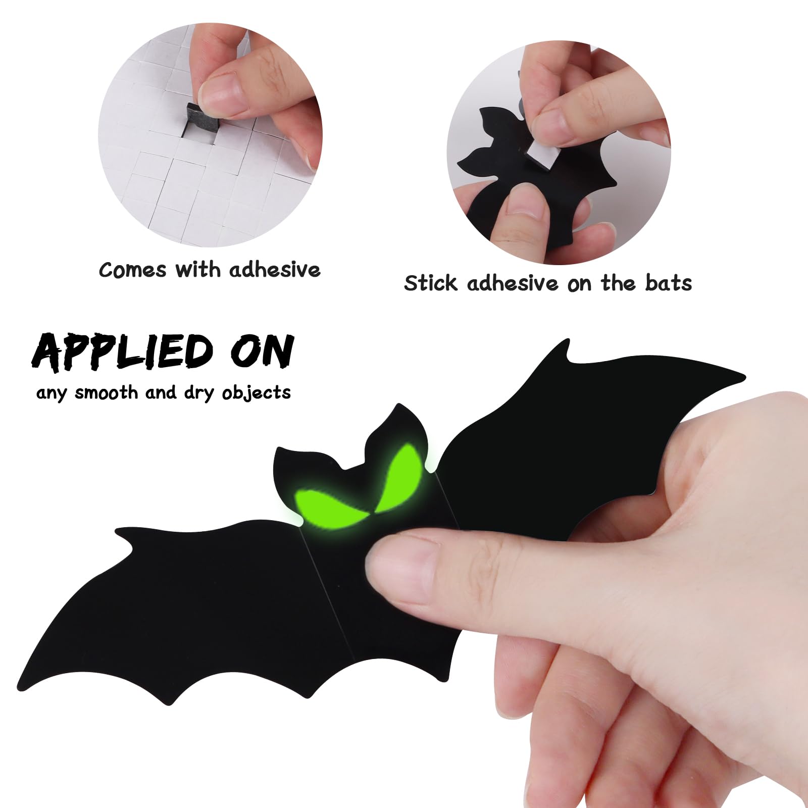 Fopinoa 3D Halloween Bats, 144 Pcs Bats Halloween Decor 4 Size Glow Bats Decorations Sticker Decals For Halloween Home Room Wall
