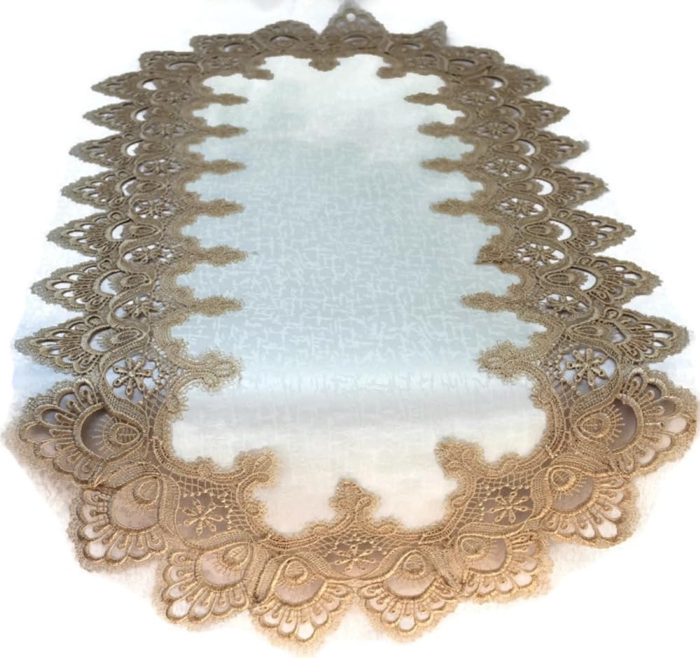 Doily Boutique Table Runner with Gold European Lace and Antique Material, Size 34 x 15 inches