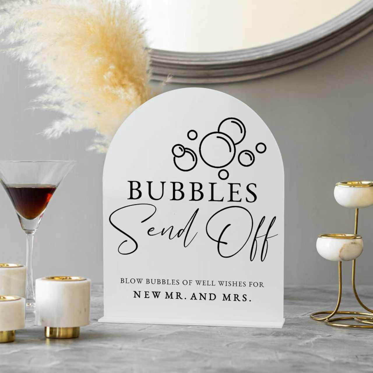 White Arch Acrylic Wedding Sign- 8x10 Bubbles Send Off Sign and Base,1/8 Thick | Modern Calligraphy Arched Acrylic Signs for Wed