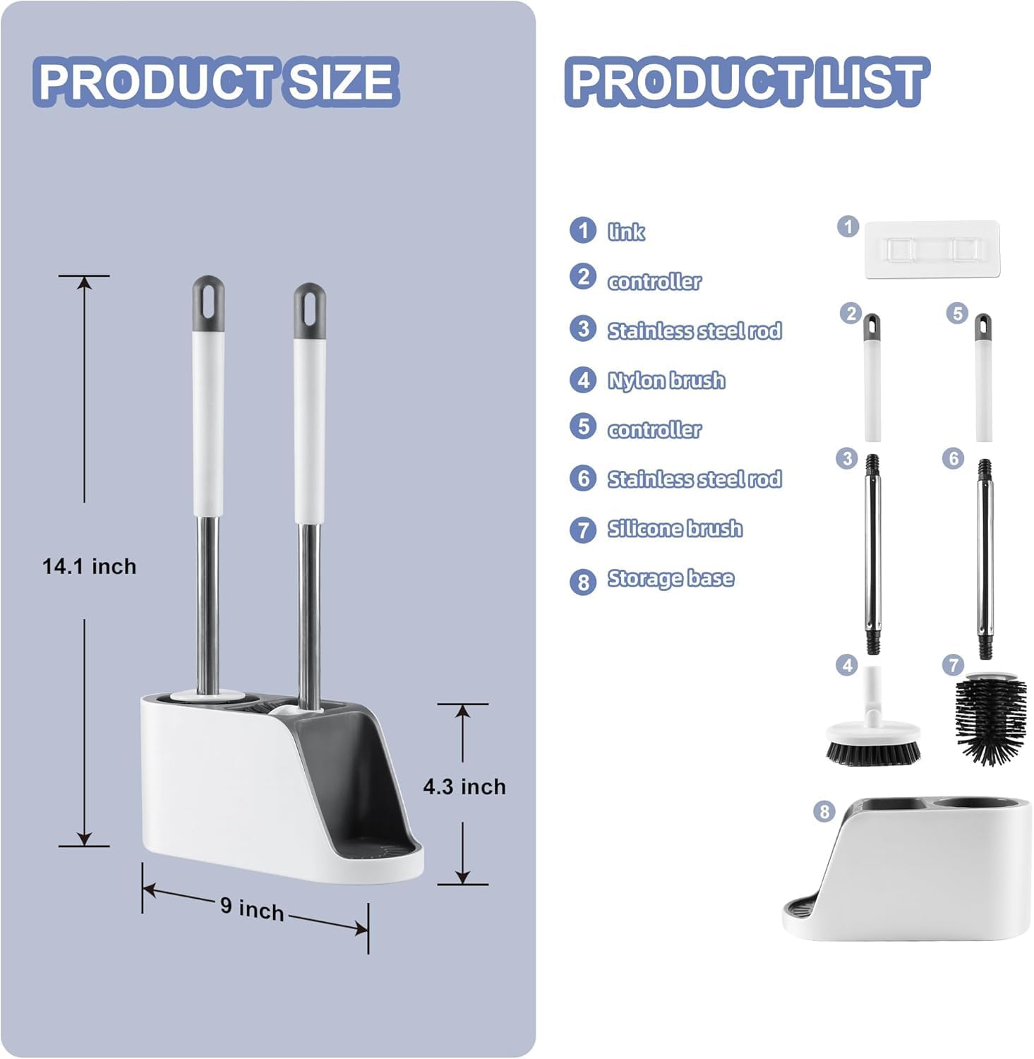 Noridy Silicone Toilet Brush With Holder Set - Free Stand Sleek Cleaner With Ventilated Drying Stand And Adhesive Wall Mounted C