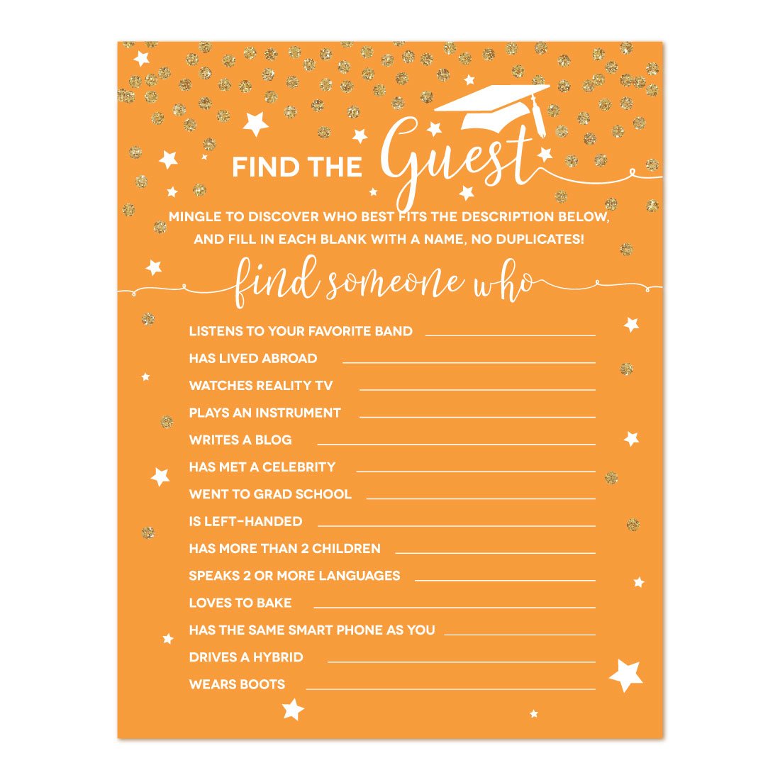 Andaz Press Orange And Gold Glittering Graduation Party Collection, Name The Guest Who Game Cards, 20-Pack, Games Activities And