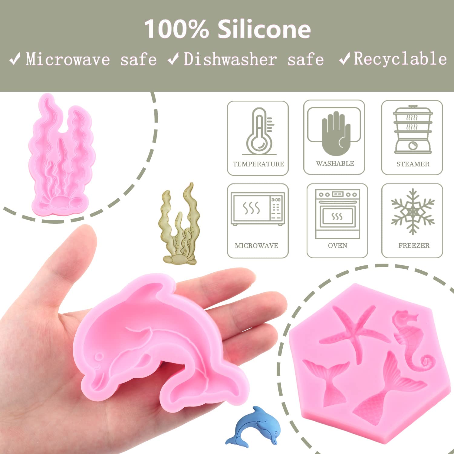 Zixiang Marine Theme Fondant Cake Mold Mermaid Seashell Starfish Conch Coral Seaweed Sea Turtle Dolphin Silicone Mold For Cake D
