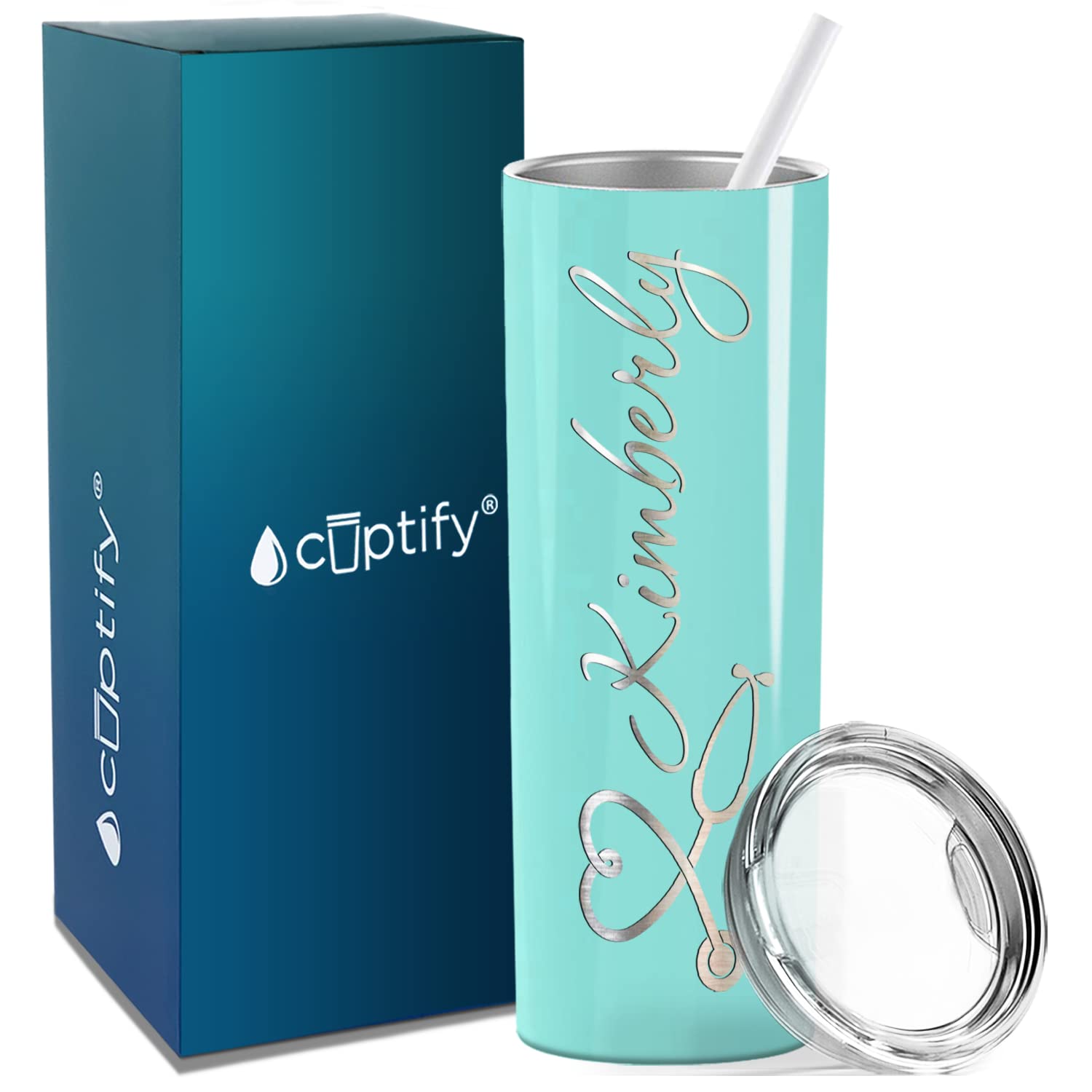 Cuptify Personalized Nurse Heart Stethoscope, Rn, Lpn, Cna, Cma, Ma Skinny Tumbler With Lid And Straw On Seafoam Gloss 20 Oz Ins