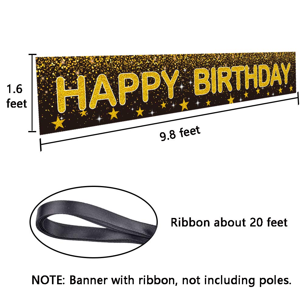 Ushinemi Happy Birthday Banner - Black And Gold Party Decorations Large Birthday Banner For Indoor And Outdoor, 9.8X1.6Ft