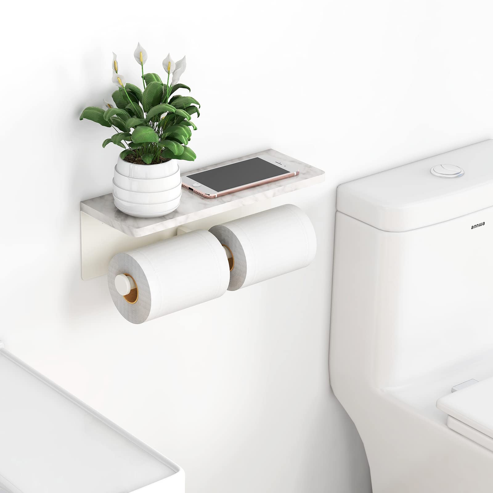 White Toilet Paper Holder with Shelf  New Upgrade Double Toilet Paper Holder with Storage  Marble Roll Toilet Paper Wall Mount for Bathroom Washroom