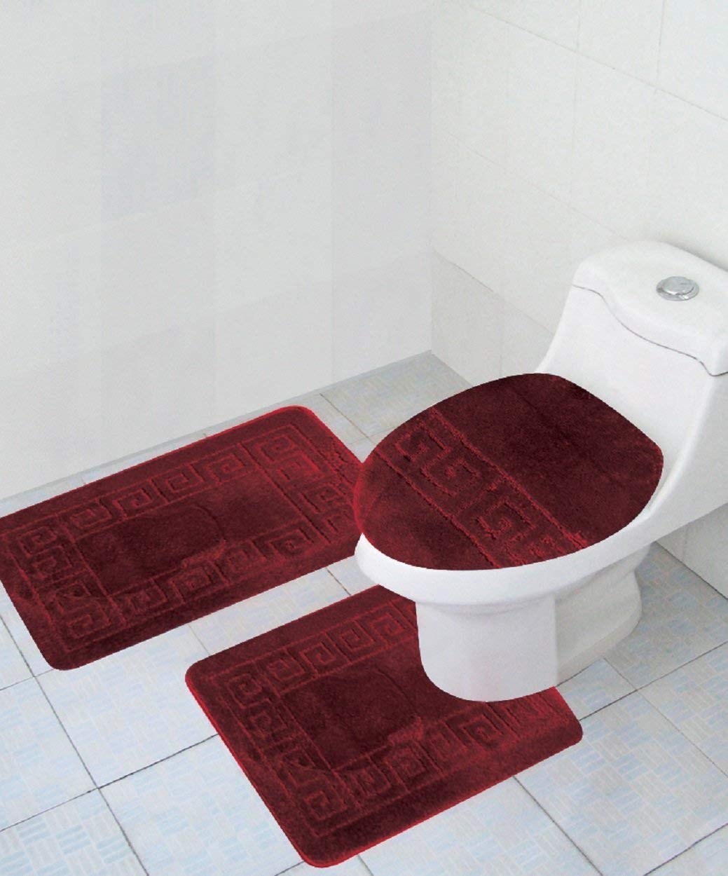 Wpm World Products Mart 3 Piece Bath Rug Set Pattern Bathroom Rug (20X32)Large Contour Mat (20X20) With Lid Cover (Burgundy)