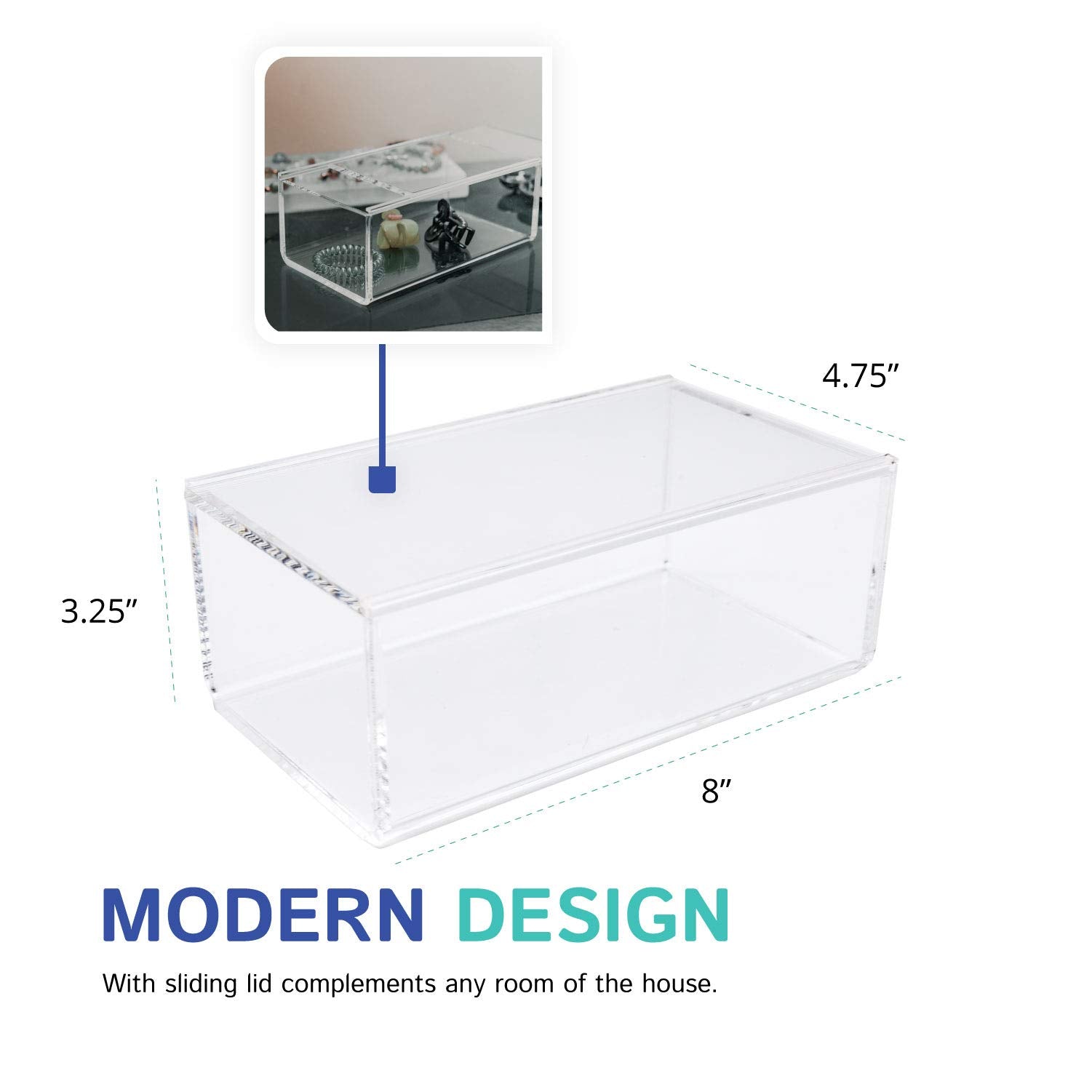 Huang Acrylic Clear Catchall Storage Container With Sliding Lid | 4.75''X8''X3.25'' Rectangle Bin For Organizing Kitchen, Bedroo