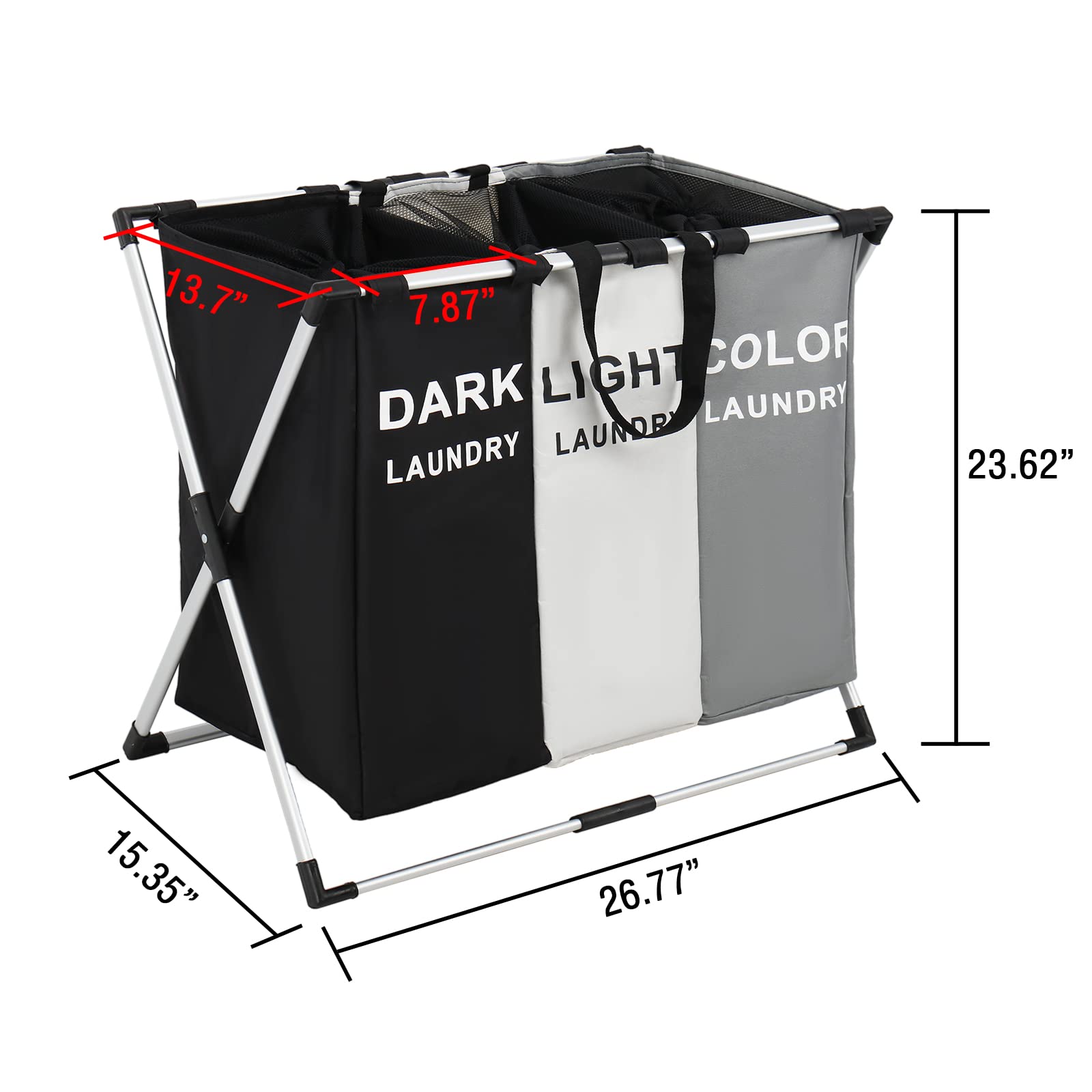 Laundry Basket Hamper 3 Section Dirty Clothes Hamper With Mesh Cover Foldable Aluminum Frame Laundry Sorter Organizer For Bathro