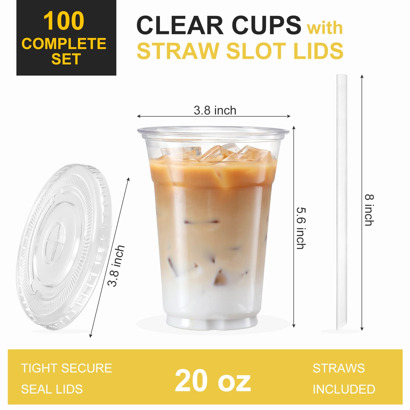 VITEVER [100 Sets - 20oz] Clear Plastic Cups with Lids and Straws  Disposable Cups for Iced Coffee  Smoothie  Milkshake  Cold Drinks