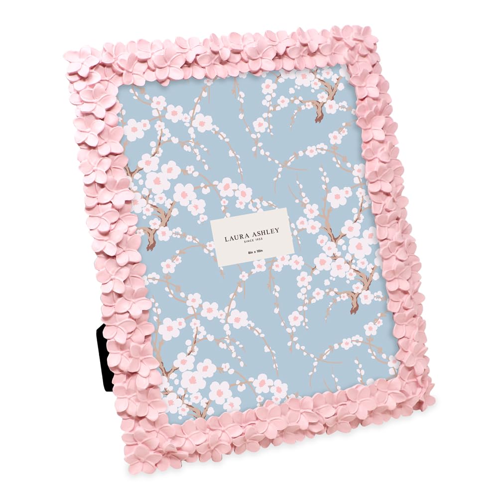 Laura Ashley 8x10 Pink Flower Textured Hand-Crafted Resin Picture Frame with Easel & Hook for Tabletop & Wall Display, Decorativ