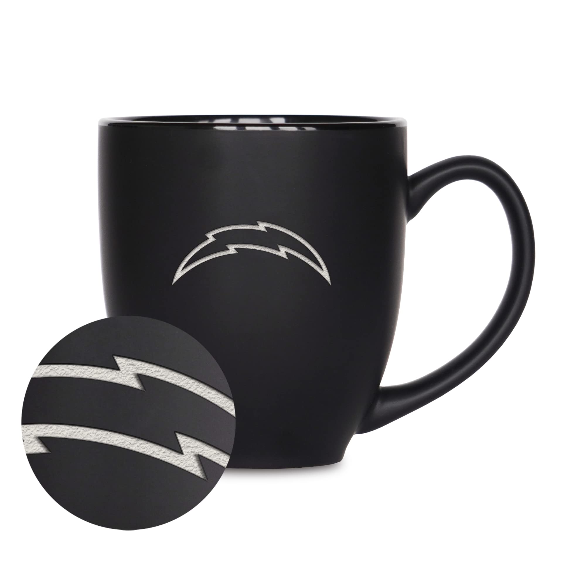 Rico Industries NFL Football Los Angeles Chargers Main 15oz Laser Engraved Matte Black Ceramic Bistro Mug - For Hot or Cold Drin