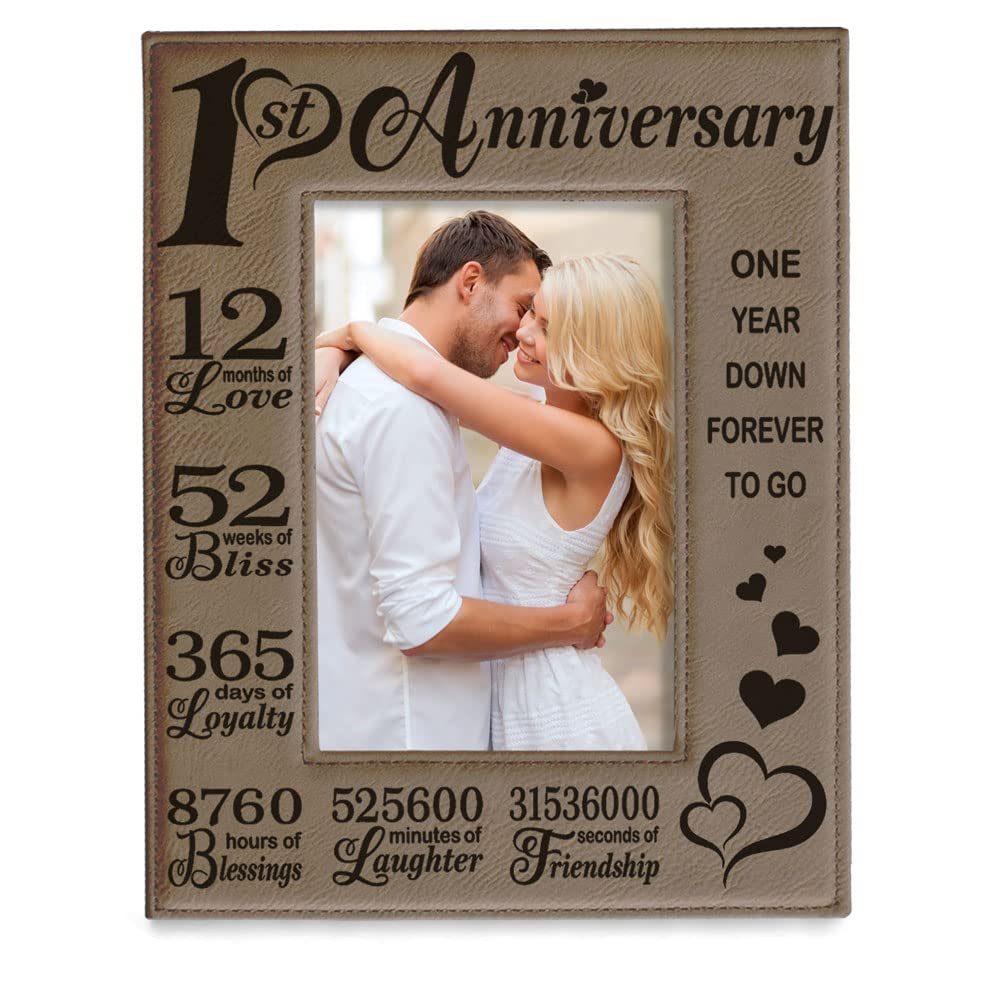KATE POSH - Our First (1st) Anniversary Engraved Leather Picture Frame - Gifts for Couple, Gifts for Him, Gift for Her, Paper An