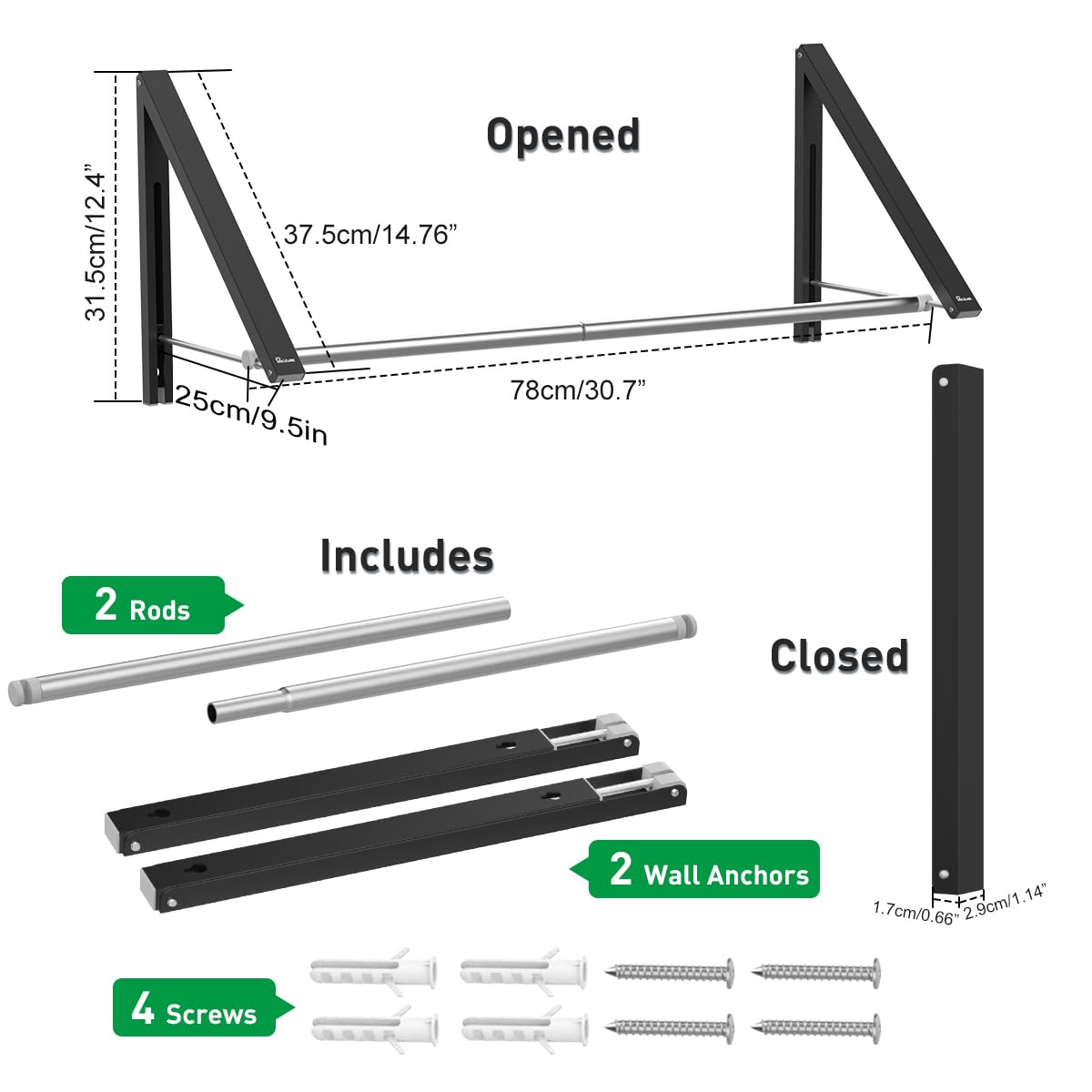 Anjuer Retractable clothes Rack - Wall Mounted Folding clothes Hanger Drying Rack for Laundry Room closet Storage Organization  Aluminum  2 Racks with Rod (Black)