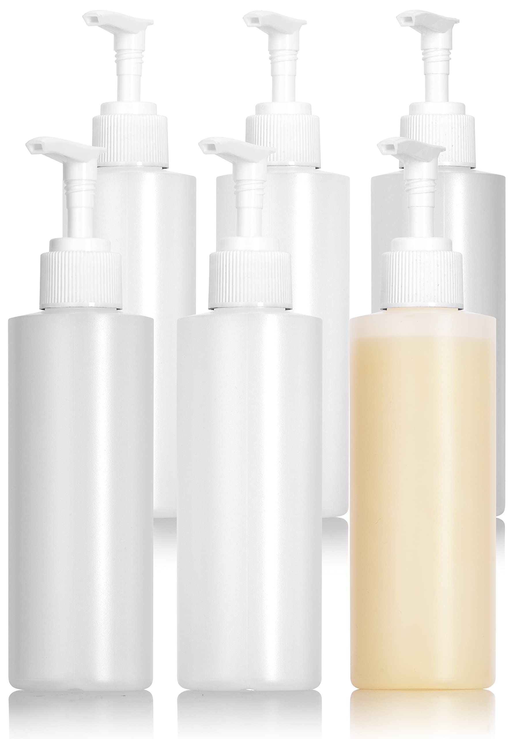 Juvitus Clear Natural Large Refillable Plastic Squeeze Bottle With White Lotion Pump Dispenser 8 Oz - (6 Pack)