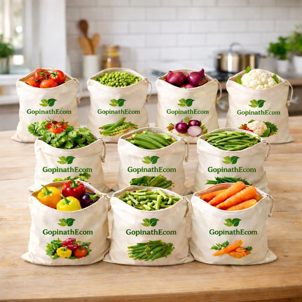 Supadaa 100 Percent Cotton Reusable Vegetable Storage Bags For Fridge Breathable Washable Cloth Zipper Bags For Kitchen Organize