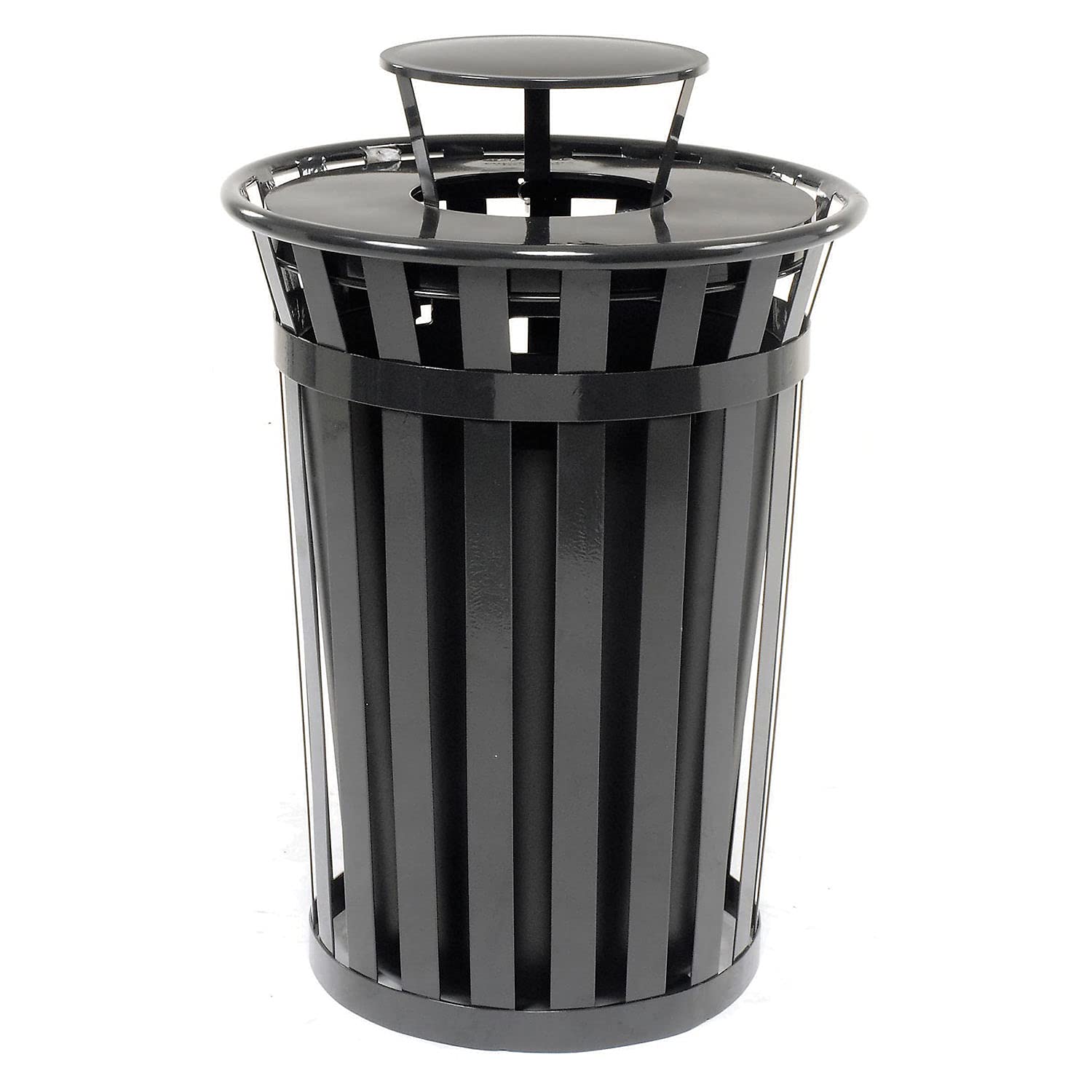 Global Industrial Heavy-Duty 36 Gallon Capacity Outdoor Metal Slatted Trash Receptacle with Rain Bonnet Lid & Plastic Liner, Bla
