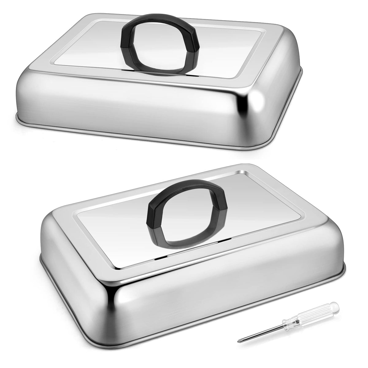 Joyfair 13 X 9 Inch Melting Basting Cover Set Of 2, Stainless Steel Metal Cheese Melt Domes Rectangular For Outdoor/Indoor Flat