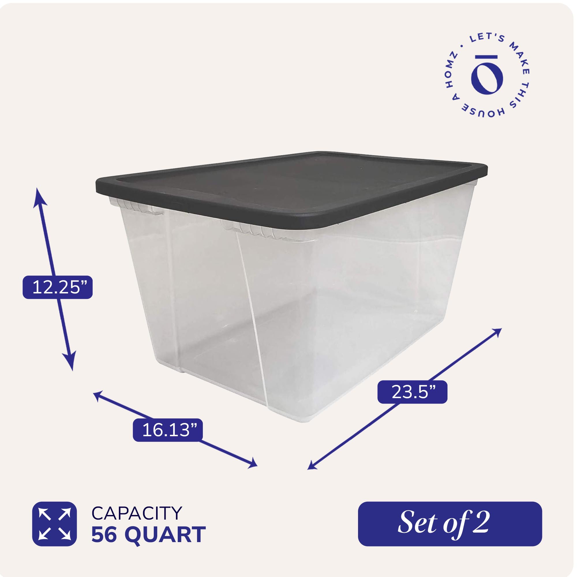 Homz 2 Pack Storage Bins, Clear Plastic Organizing Containers W/Gray Lids, 56 Quart