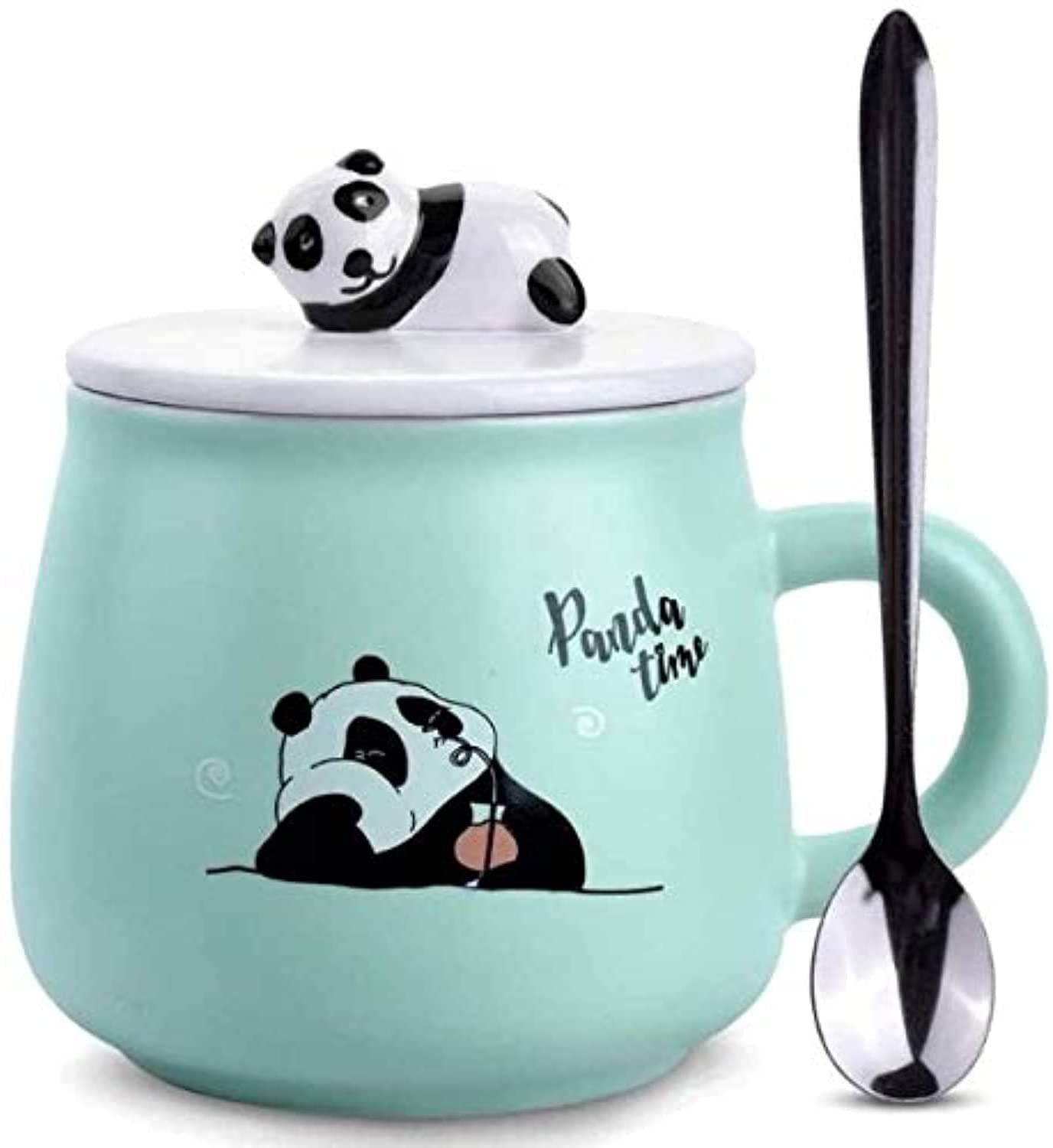 OANGO Ceramic Mug Panda Printed Mug with Lid and Spoon for Coffee and Tea Cup 350ml  1 Piece, White Cup, 350 ml (Green Panda)