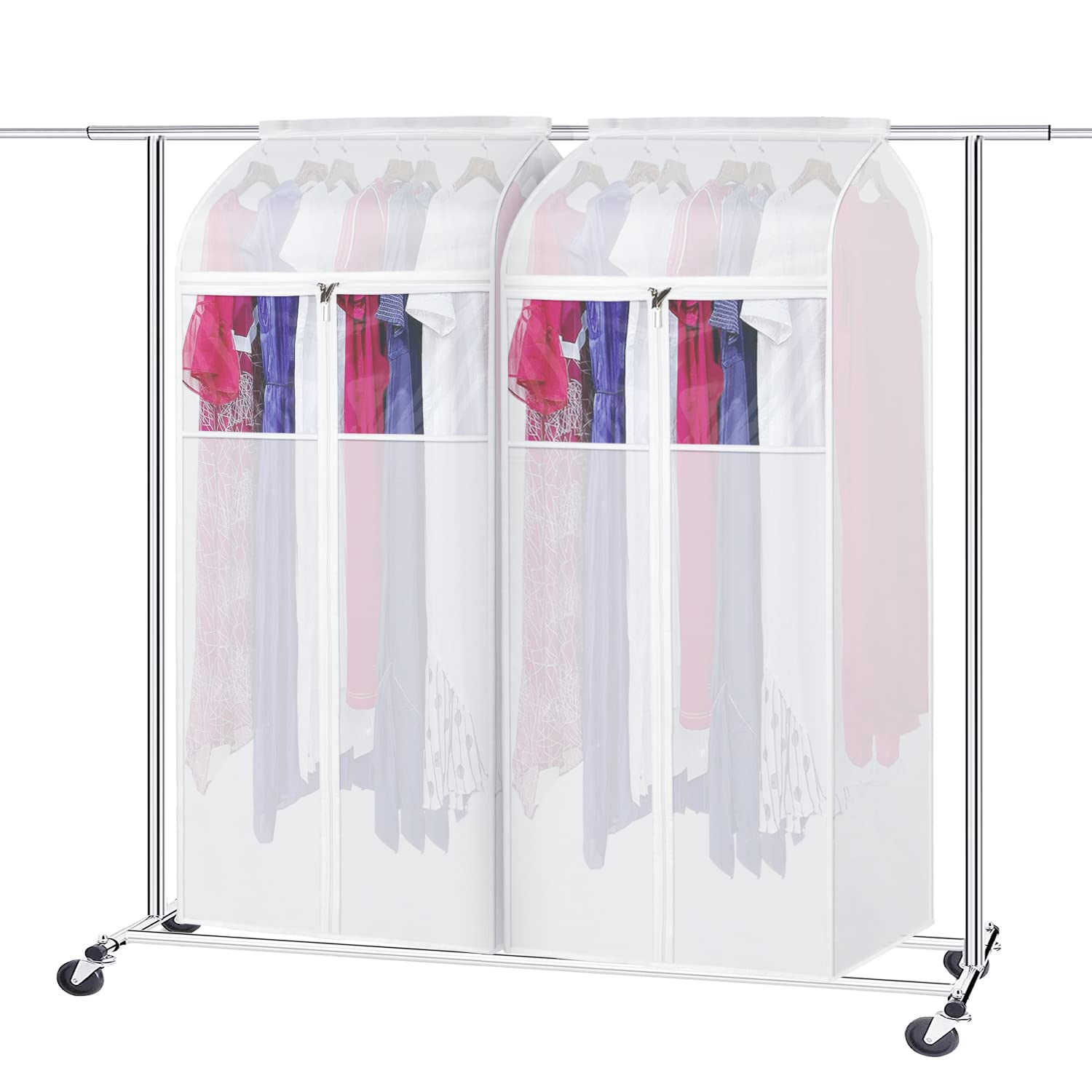 Zilink 60 Hanging Garment Bags for Closet Storage Large Clear Window Hanging Clothes Storage Garment Rack Cover Dress Protector 
