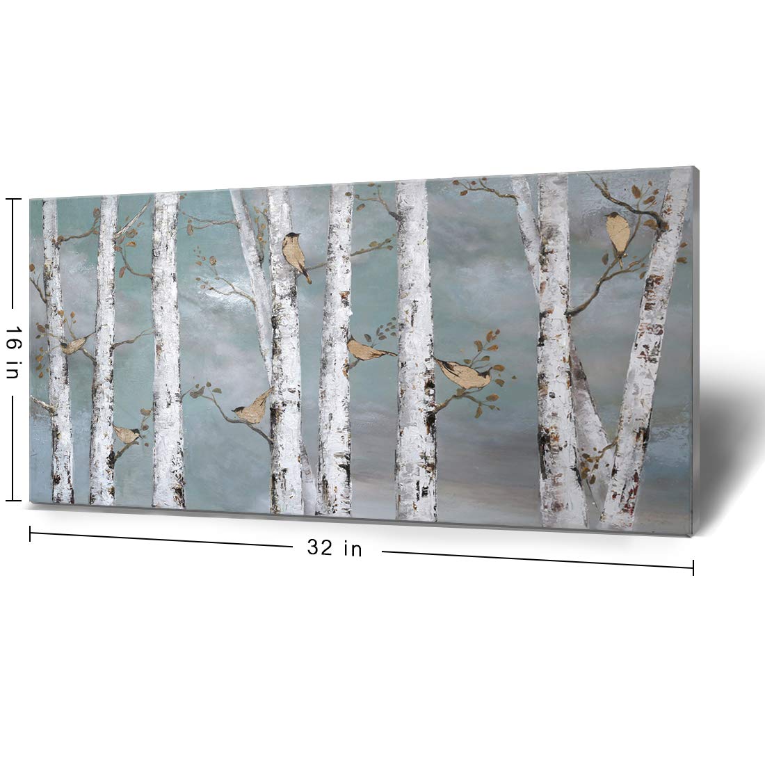 amatop Teal Wall Art 100% Hand-Painted Landscape Forest Oil Painting on Canvas Original Framed Artwork Gold Bird Birch Tree Artwork White Birch at Night for Living Room Bedroom Office Decor 32x16inch
