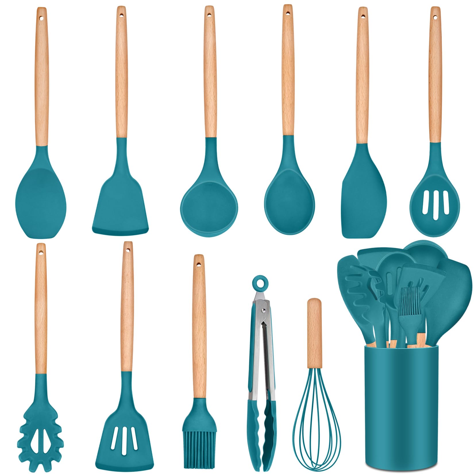 12Pcs Cooking Kitchen Utensils, P&P Chef Silicone Utensil Head With Wooden Handle, Turner, Ladle, Spoon, Spatula, Tong, Heat-Res