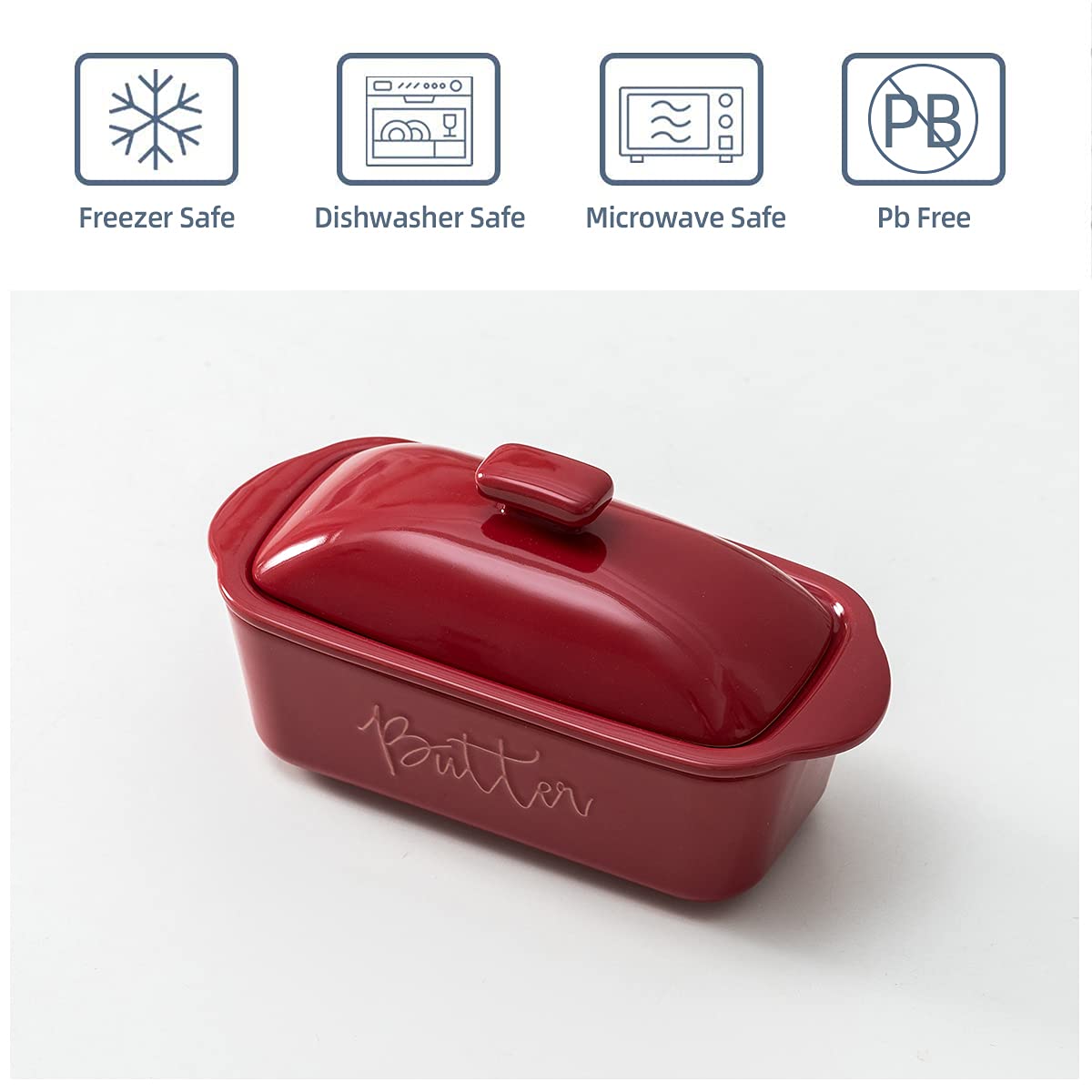 FE Butter Dish  10 oz Ceramic Butter Keeper with Water Line  French Butter Dish with Lid for Countertop (Apple Red)