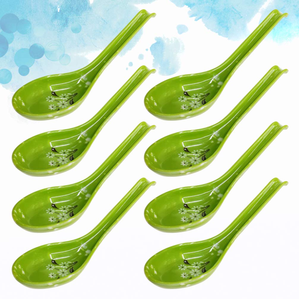Hemoton Soup Spoons, 8Pcs Japanese Style Melamine Spoons Rice Spoons With Hook, Chinese Asian Soup Spoons With Long Handle For R