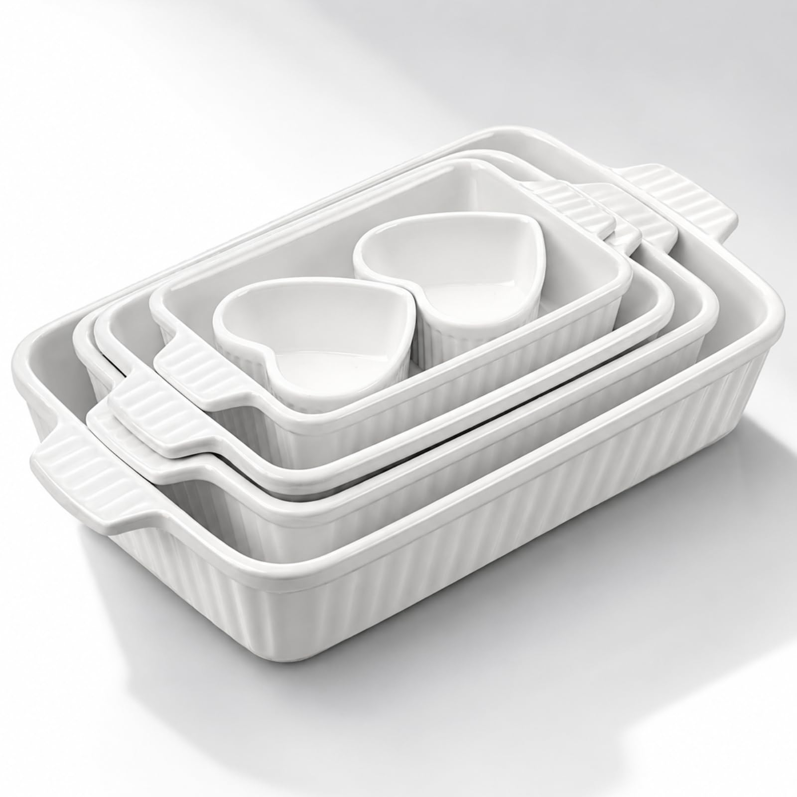 Sawysine Set of 6 Casserole Baking Dish for Oven with 4 Rectangular and 2 Heart Pans, White Ceramic Safe Casserole with Handles 