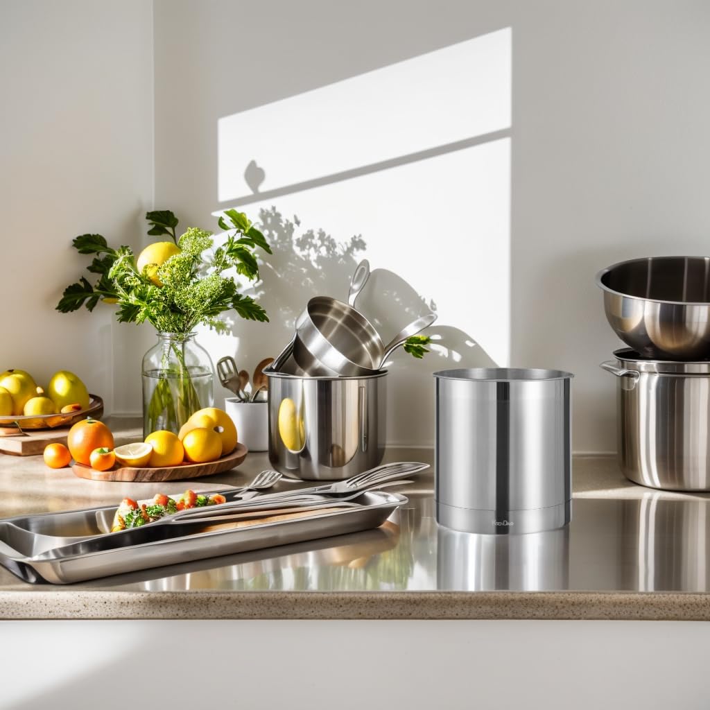 Ksendalo Large Stainless Steel Utensil Holder -7X7Inch Round Kitchen Caddy, Crock, And Organizer For Cooking Spoons, Silverware,
