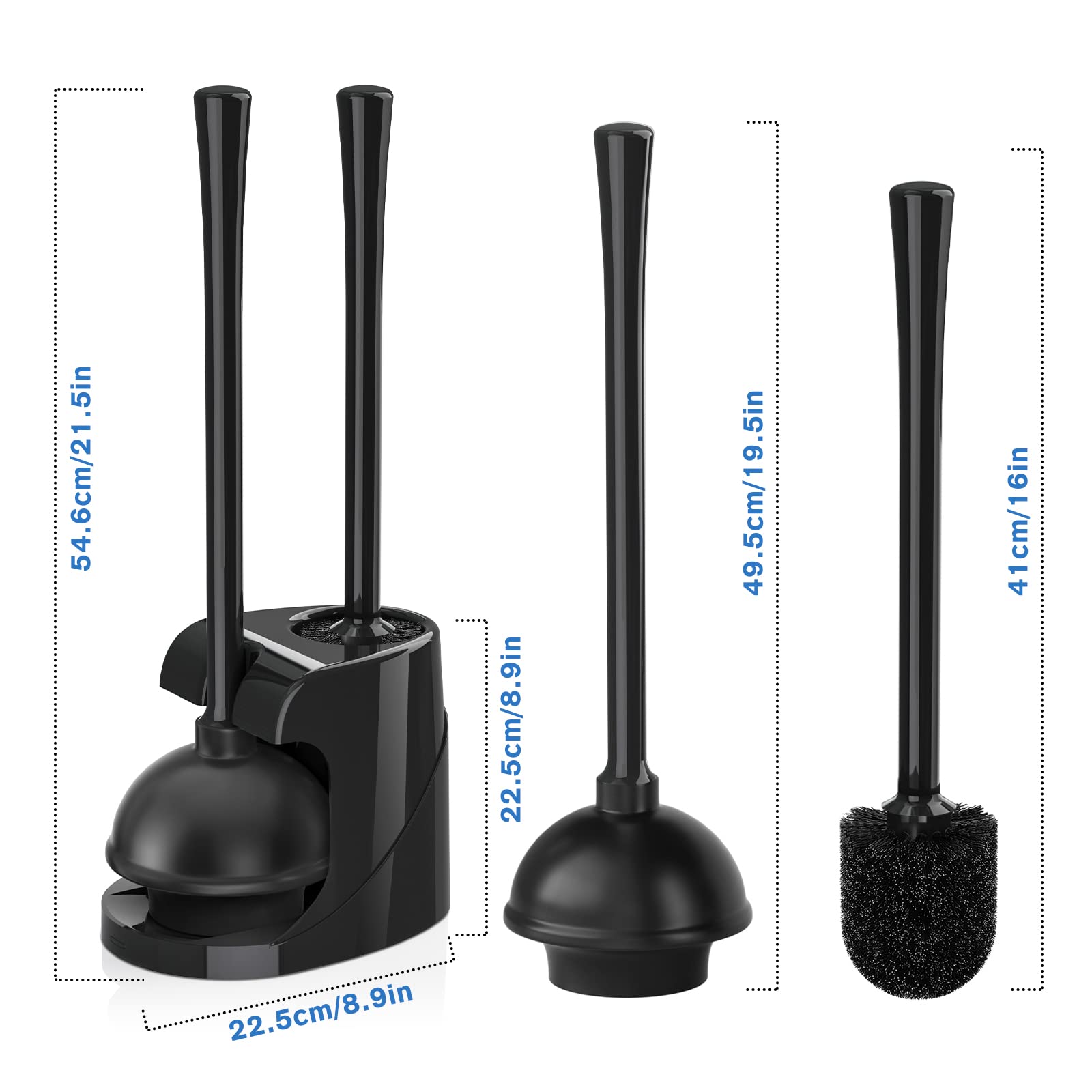 Toilet Plunger and Brush  Bowl Brush and Heavy Duty Toilet Plunger Set with Ventilated Holder  2-in-1 Bathroom Cleaning Combo with Modern Caddy Stand (Black)