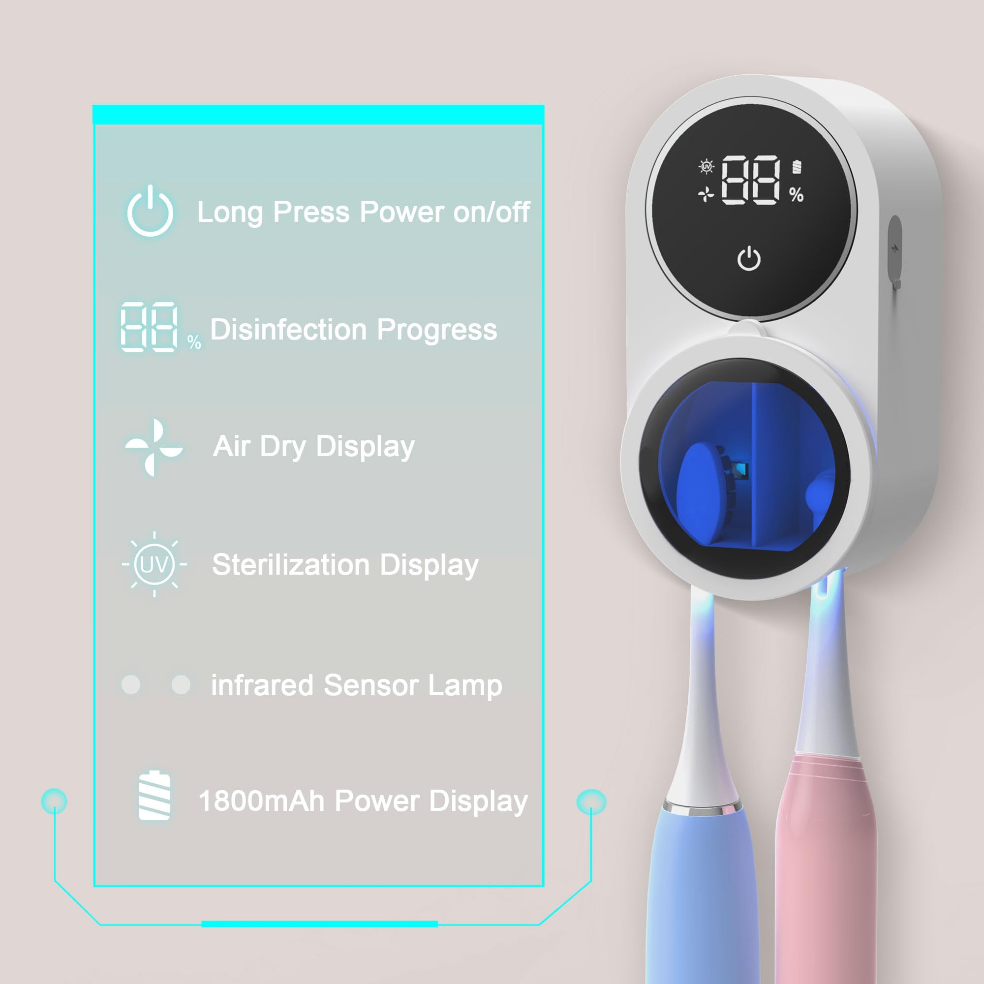 Wall Mounted Toothbrush Holder And Cleaner Smart Light Cleaning And Fan Drying Automatic Rotating Cover Toothbrush Case With Dig