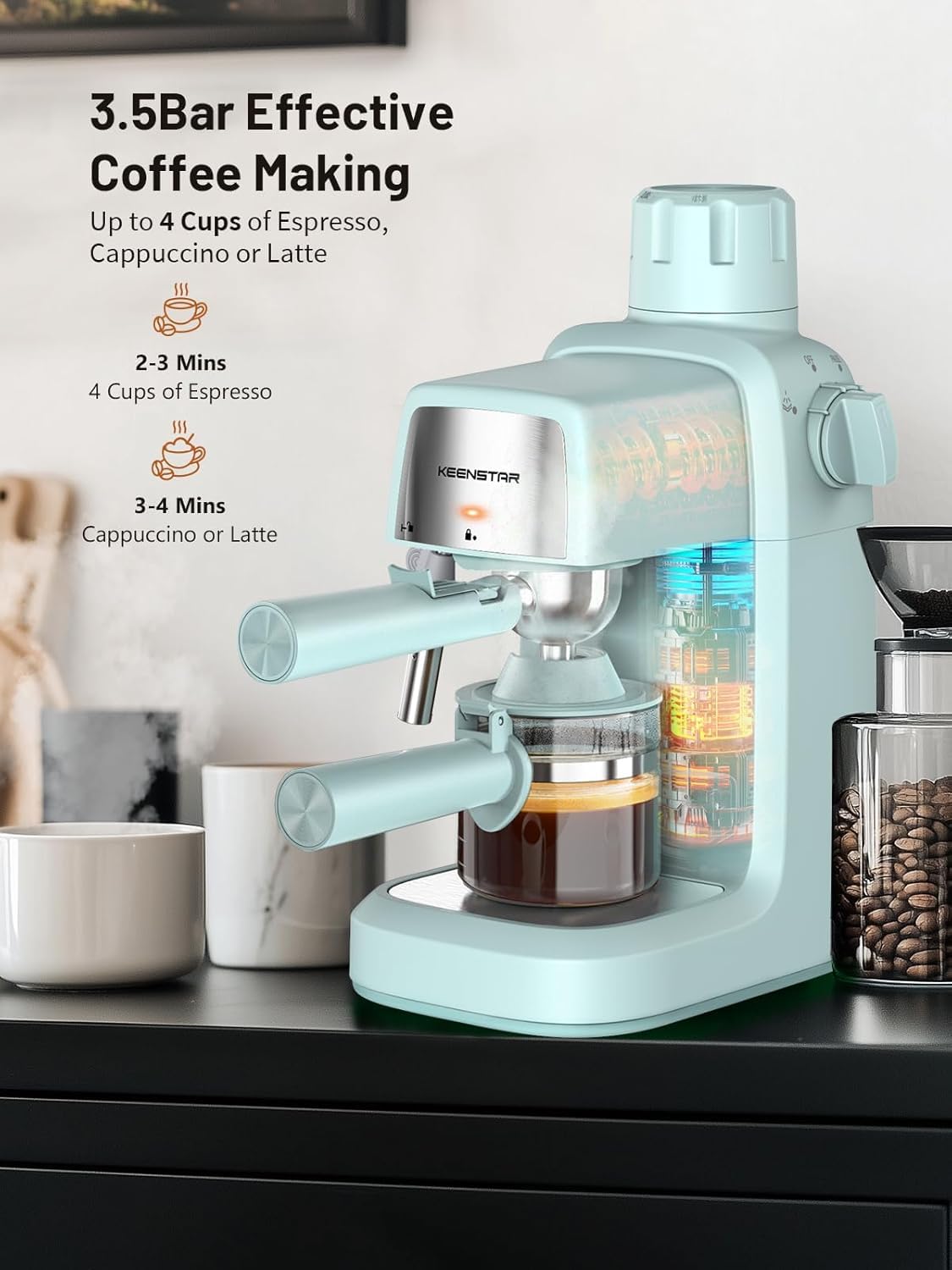 KEENSTAR 3.5Bar Espresso Machine with Milk Frother, 800W Compact Espresso and Cappuccino Machine with Preheating Function, 4 Cup