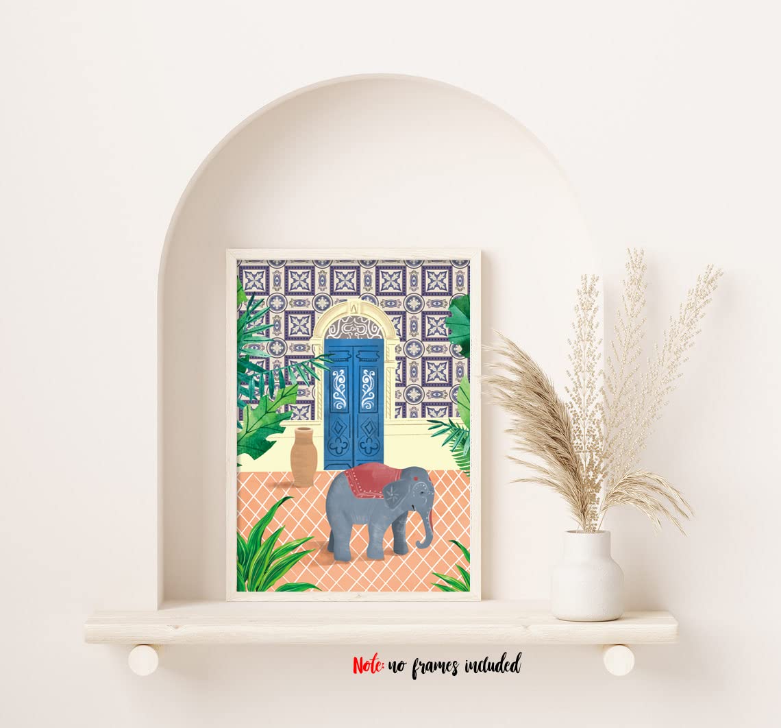 Yimehdan Moroccan Jungle Animal Wall Art Print - Leopard Tiger Bear Elephant Sloth Canvas Print - Forest Animal Tropical Plant A