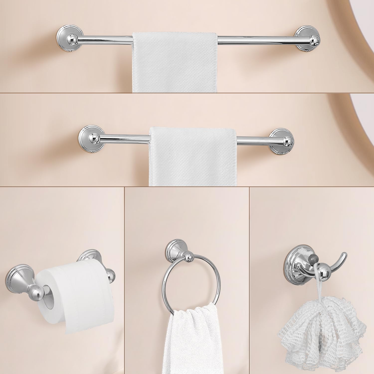 Sagetta Bathroom Hardware Set, 5 Pcs Bath Accessories Set Wall Mount Includes 20 In Towel Bar, 15.35 In Towel Bar, Towel Ring, T