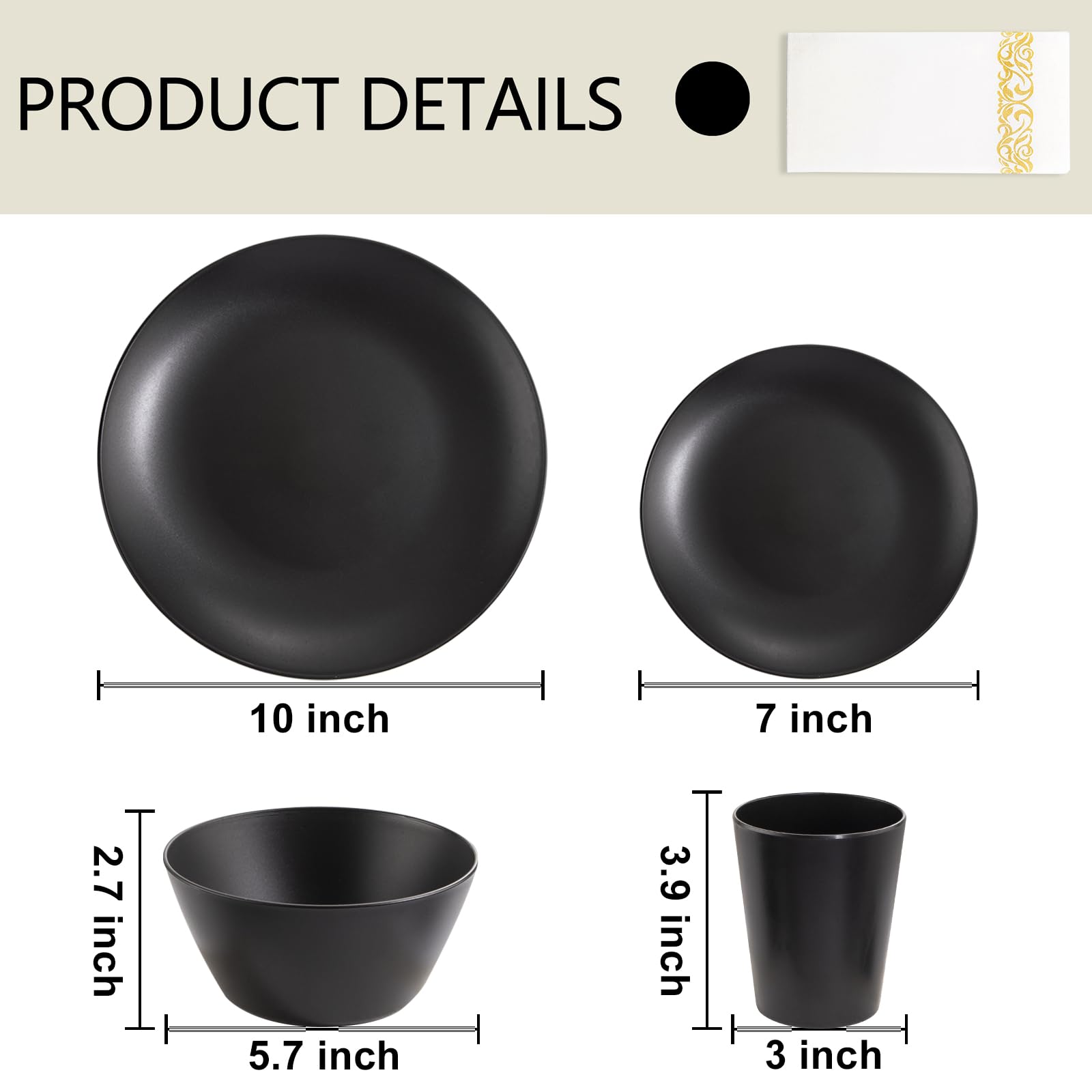 Supernal 32Pcs Black Wheat Straw Dinnerware Sets With 25Pcs Linen Napkins,Plates And Bowls Sets For 8,Black Plastic Dinnerware S