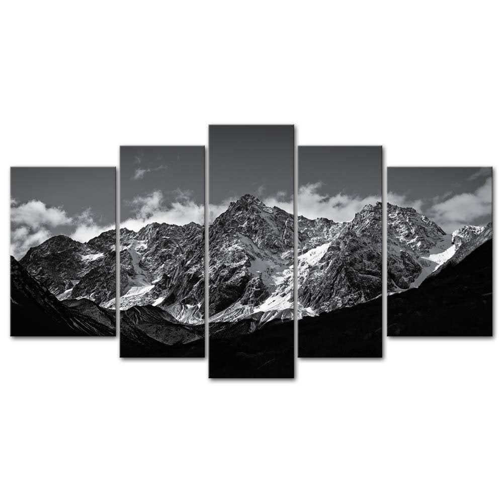Canvas Wall Art Mountain Black And White Snow Mountain Landscape Picture 5 Pieces Prints On Canvas Modern Giclee Framed Artwork