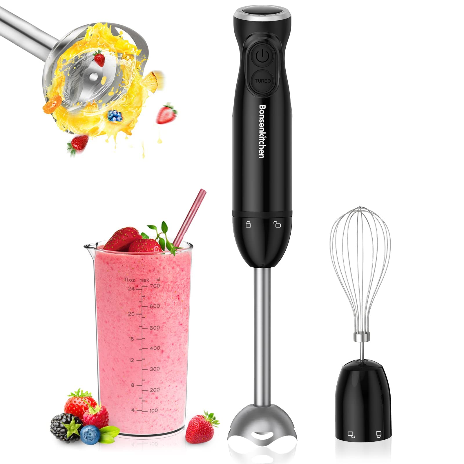 Bonsenkitchen Immersion Blender Handheld, 12-Speed And Turbo Hand Blender Electric With Sharp Blades, 3-In-1 Hand Held Stick Ble