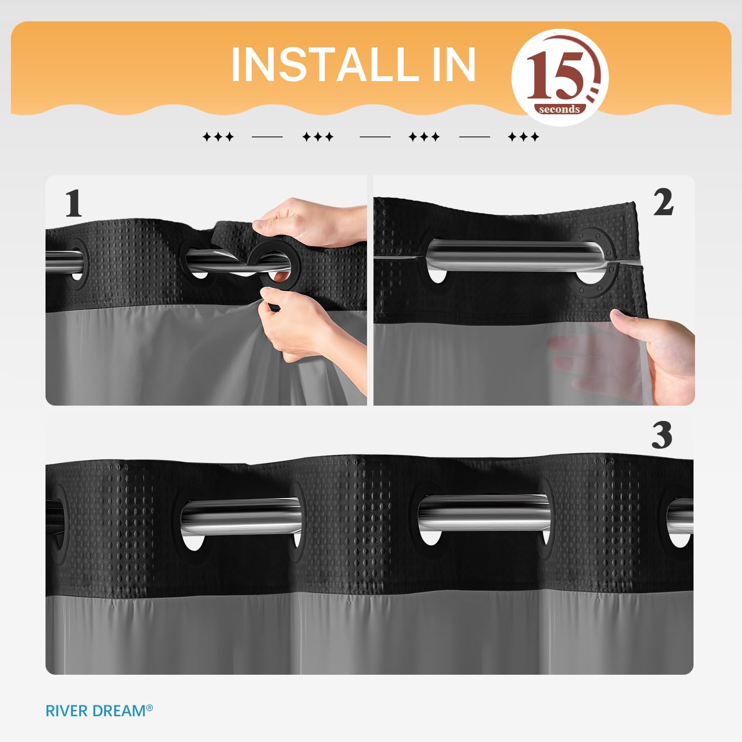 No Hooks Required Waffle Weave Shower Curtain with Snap in Liner - 71W x 74H Hotel Grade Spa Like Bath Curtain Black
