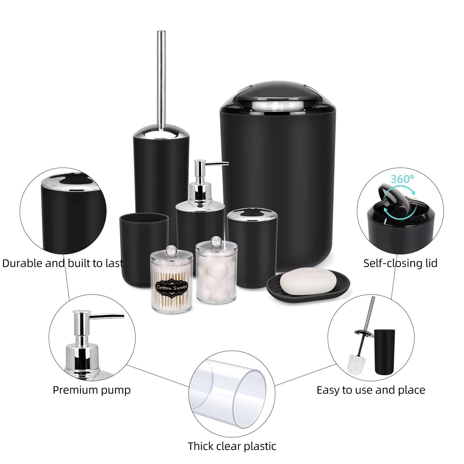 Imavo Bathroom Accessory Set - 8 Pcs Black Bathroom Accessories Set With Trash Can, Soap Dispenser, Soap Dish, Toothbrush Holder