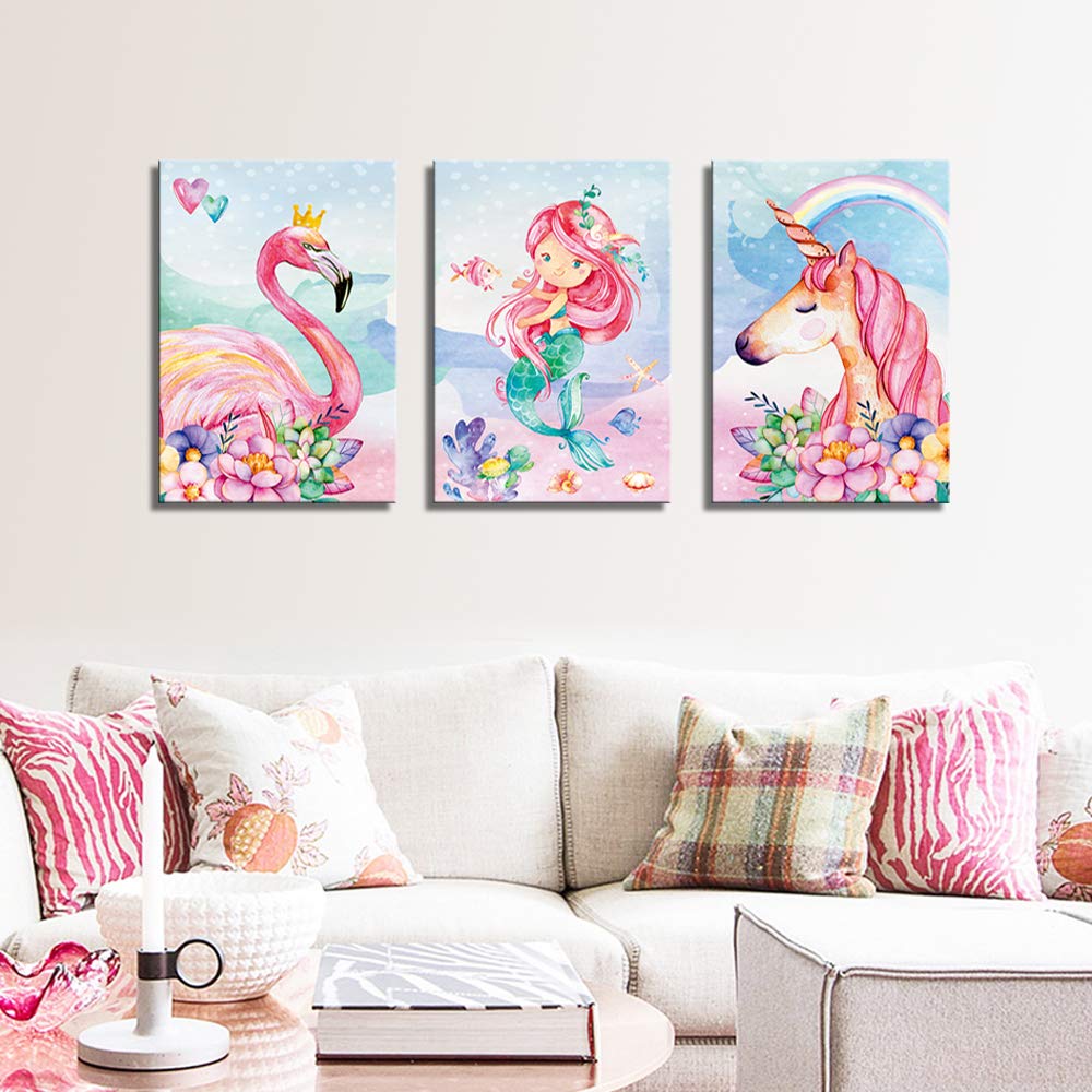 Unicorn Wall Decor Mermaid Flamingo Inspirational Framed Wall Art Prints Pink Horse Flower For Living Room Girls Room Decoration